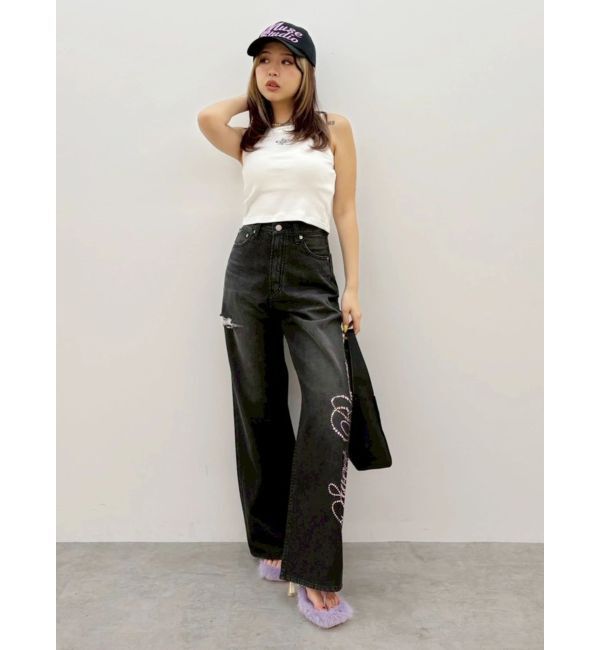 EVRIS「ラインストーンロゴバックスラッシュワイドデニムパンツ」|デニム|