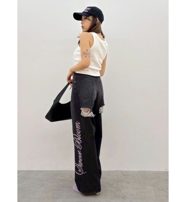 EVRIS「ラインストーンロゴバックスラッシュワイドデニムパンツ」|デニム|