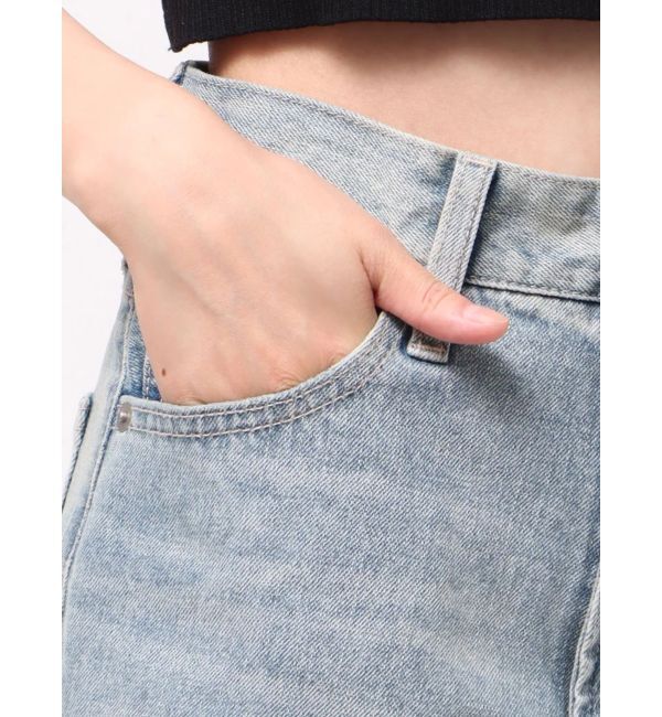 EVRIS「ラインストーンロゴバックスラッシュワイドデニムパンツ」|デニム|