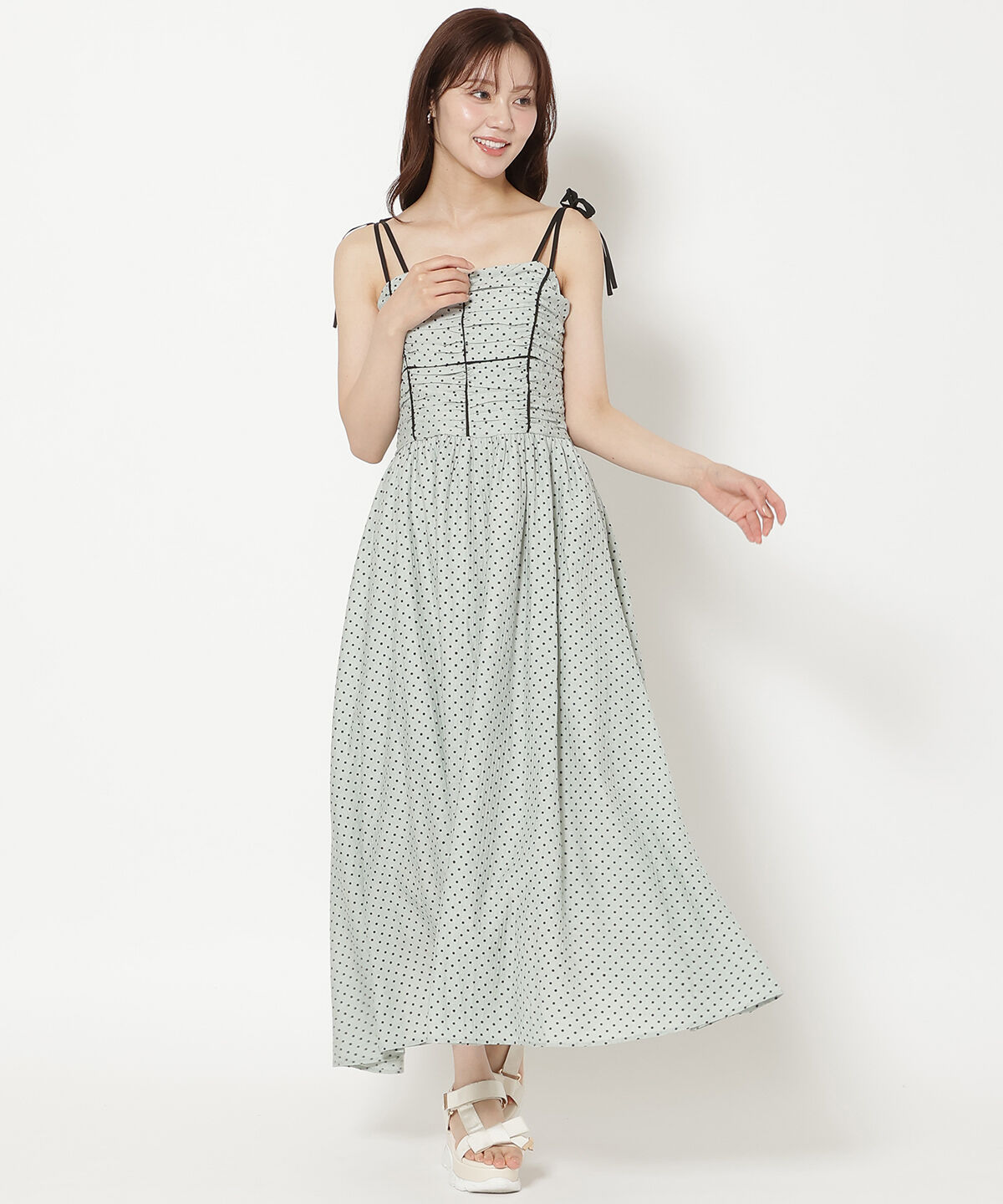 WILLSELECTION「リボンショルダーギャザーキャミワンピース」|ワンピース|ｸﾞﾘｰﾝ系水玉