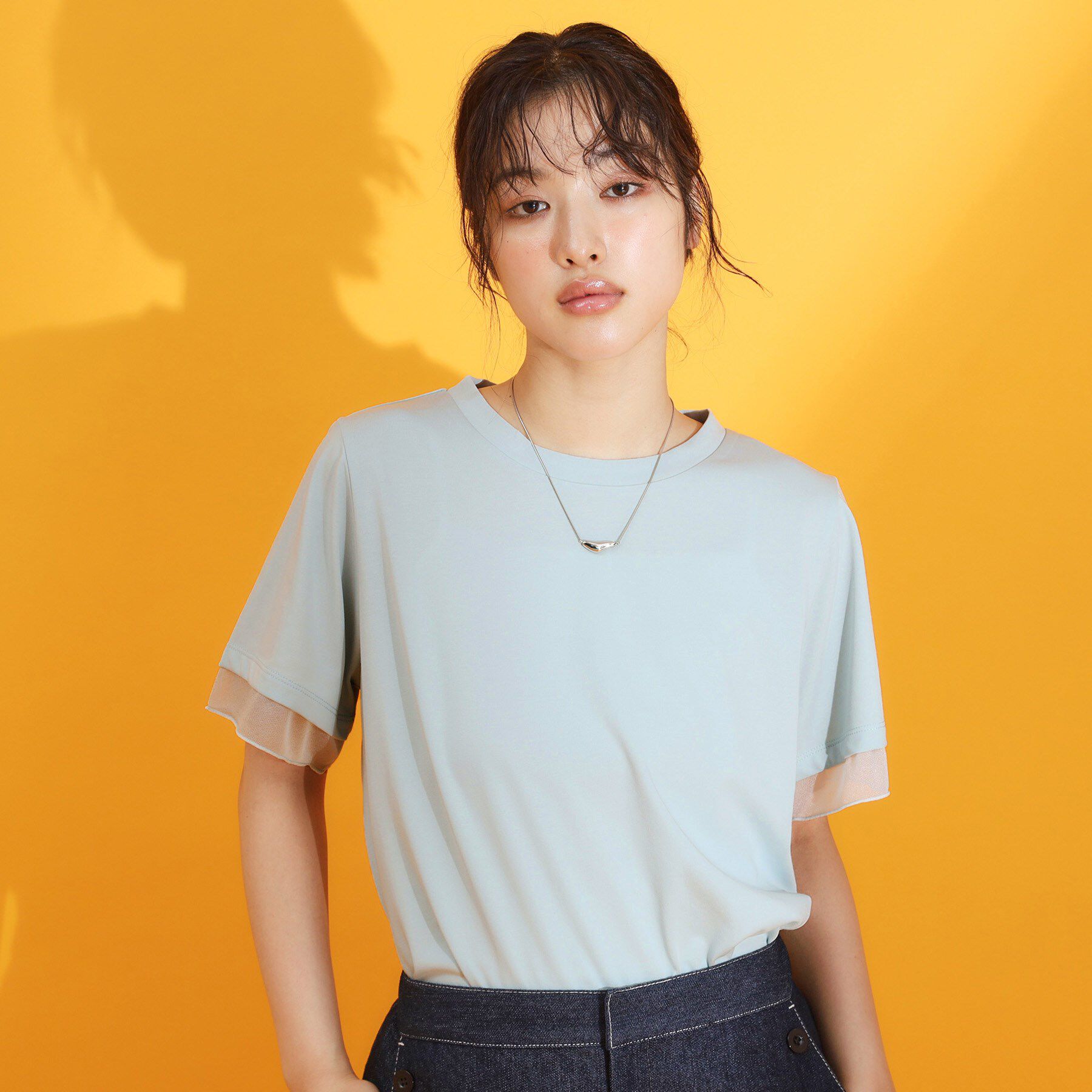 THE SHOP TK「【ひんやり/UV/洗濯機OK】袖シアーTシャツ」|Tシャツ・カットソー|サックスブルー(09