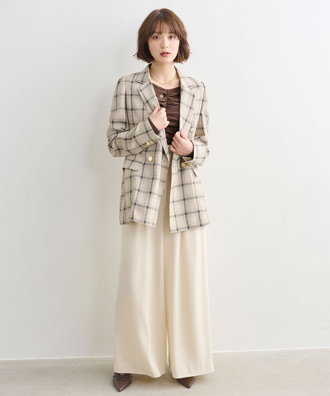 COCO DEAL「コルセットリブワイドパンツ」|スラックス|ベージュ