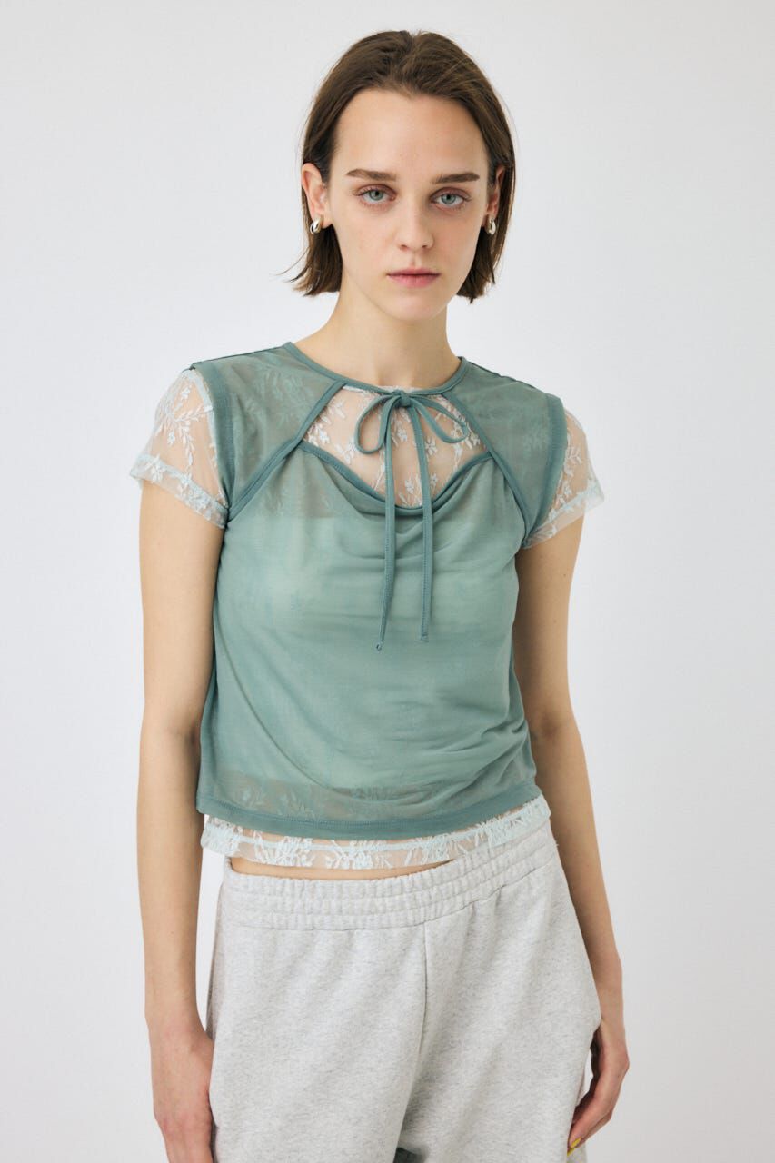 MOUSSY「LACE LAYERED OPEN NECK トップス」|Tシャツ・カットソー|