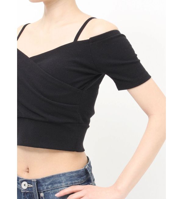 GYDA「ラメテレコハーフスリーブカシュクールオフショルショートTOPS」|Tシャツ・カットソー|