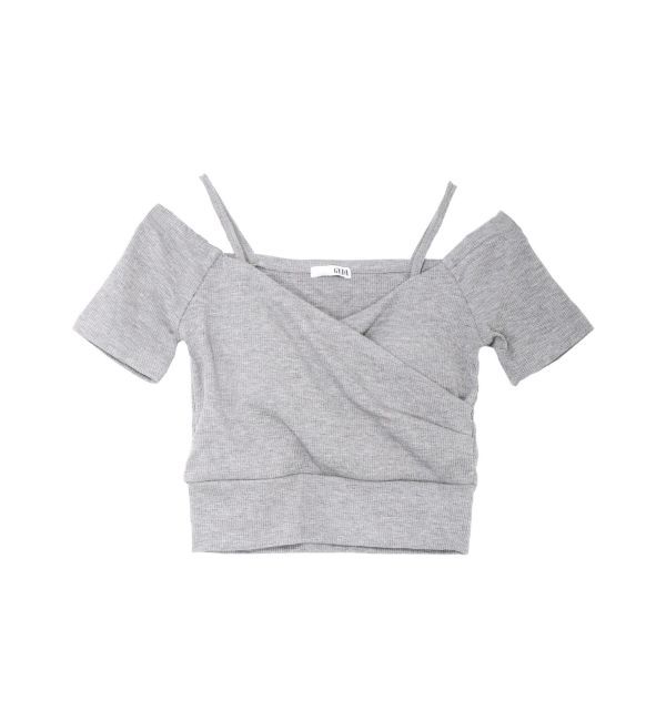 GYDA「ラメテレコハーフスリーブカシュクールオフショルショートTOPS」|Tシャツ・カットソー|