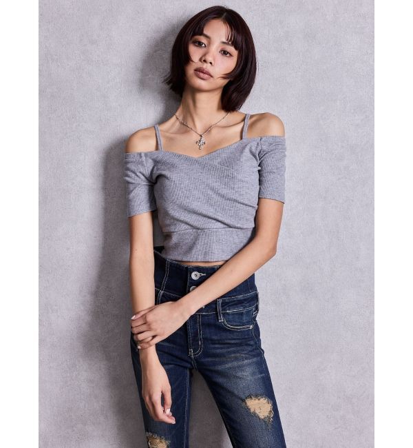 GYDA「ラメテレコハーフスリーブカシュクールオフショルショートTOPS」|Tシャツ・カットソー|