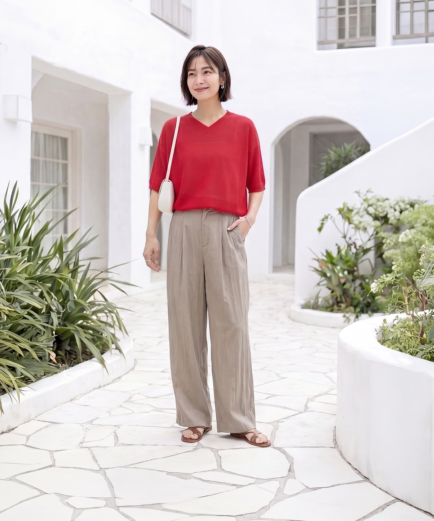 STYLE DELI「シャリ感Vネック微シアーニットトップス」|Tシャツ・カットソー|