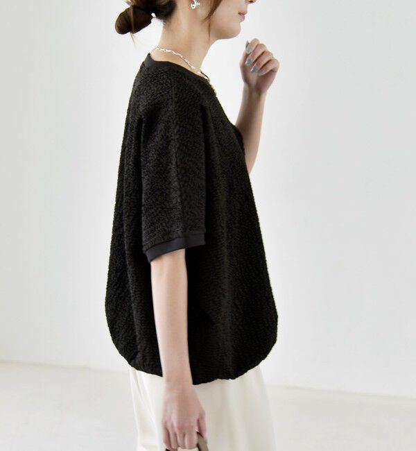 quaranciel「《予約》quaranciel:〈洗濯機可能〉カットジャカード ルーズ フレンチスリーブ プルオーバー」|Tシャツ・カットソー|