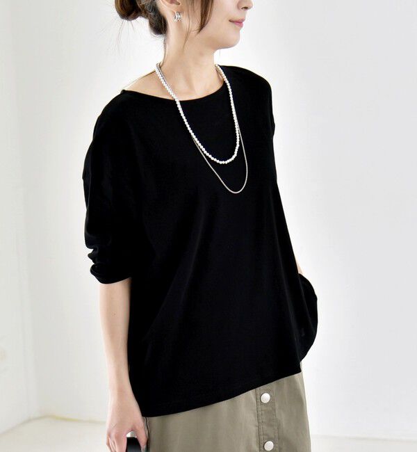 quaranciel「《予約》quaranciel:〈手洗い可能〉シアー コットン ボートネック ルーズ ロンTEE」|Tシャツ・カットソー|ブラック