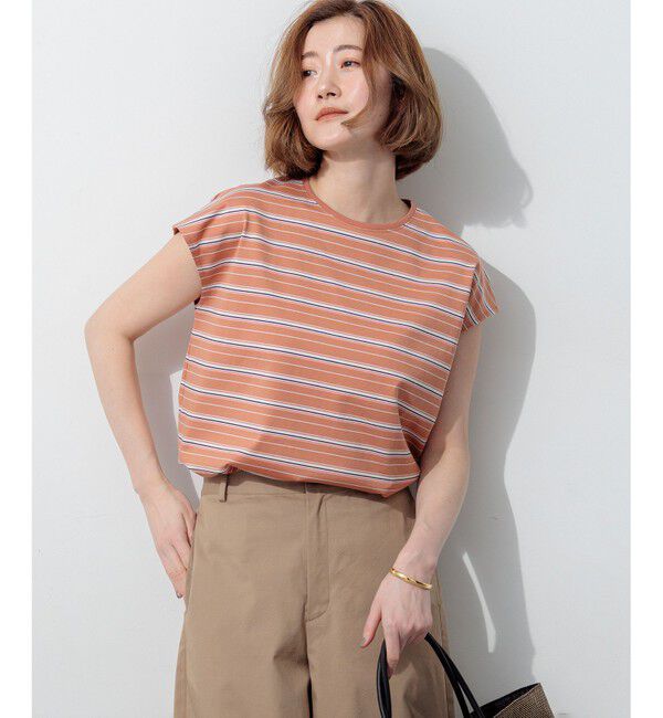 23区「マルチボーダー フレンチスリーブ カットソー」|Tシャツ・カットソー|テラコッタ系