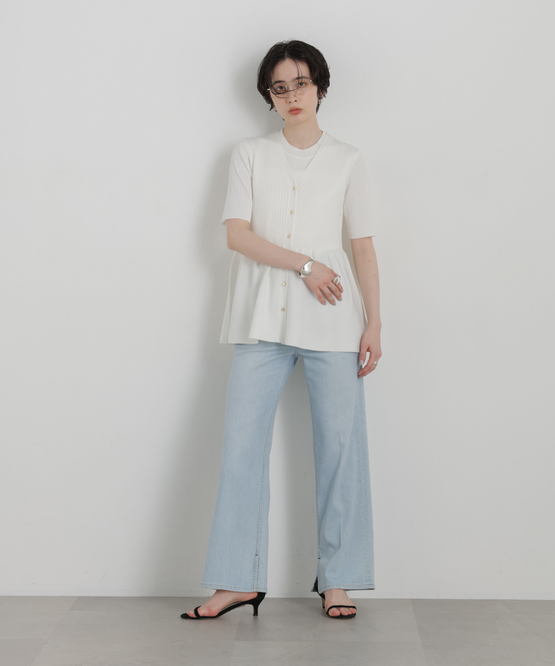 NANO universe「SUMMER VEIL KNIT ペプラムニットカーディガン」|ニット・セーター|
