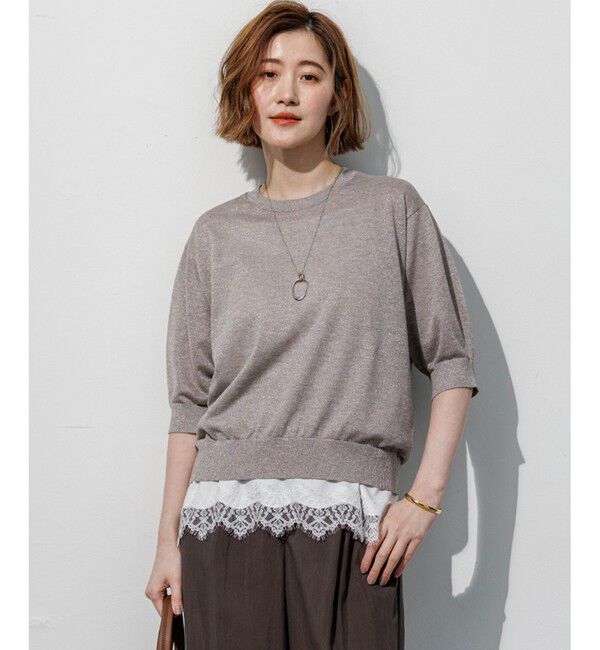 23区「オータムメタリック パフスリーブ ニット Tシャツ」|ニット・セーター|ピンク系