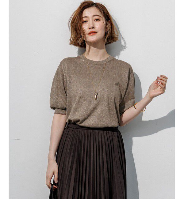 23区「オータムメタリック パフスリーブ ニット Tシャツ」|ニット・セーター|ゴールド系