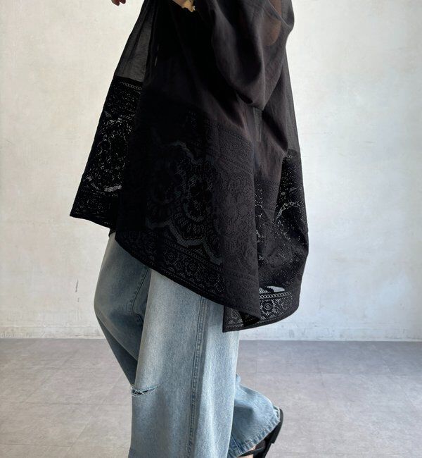 アンミヌ　シアーレースチュニックブラウス（BLACK） CHIGNON】シアーメッシュ×レースチュニックブラウス/1262-306KK