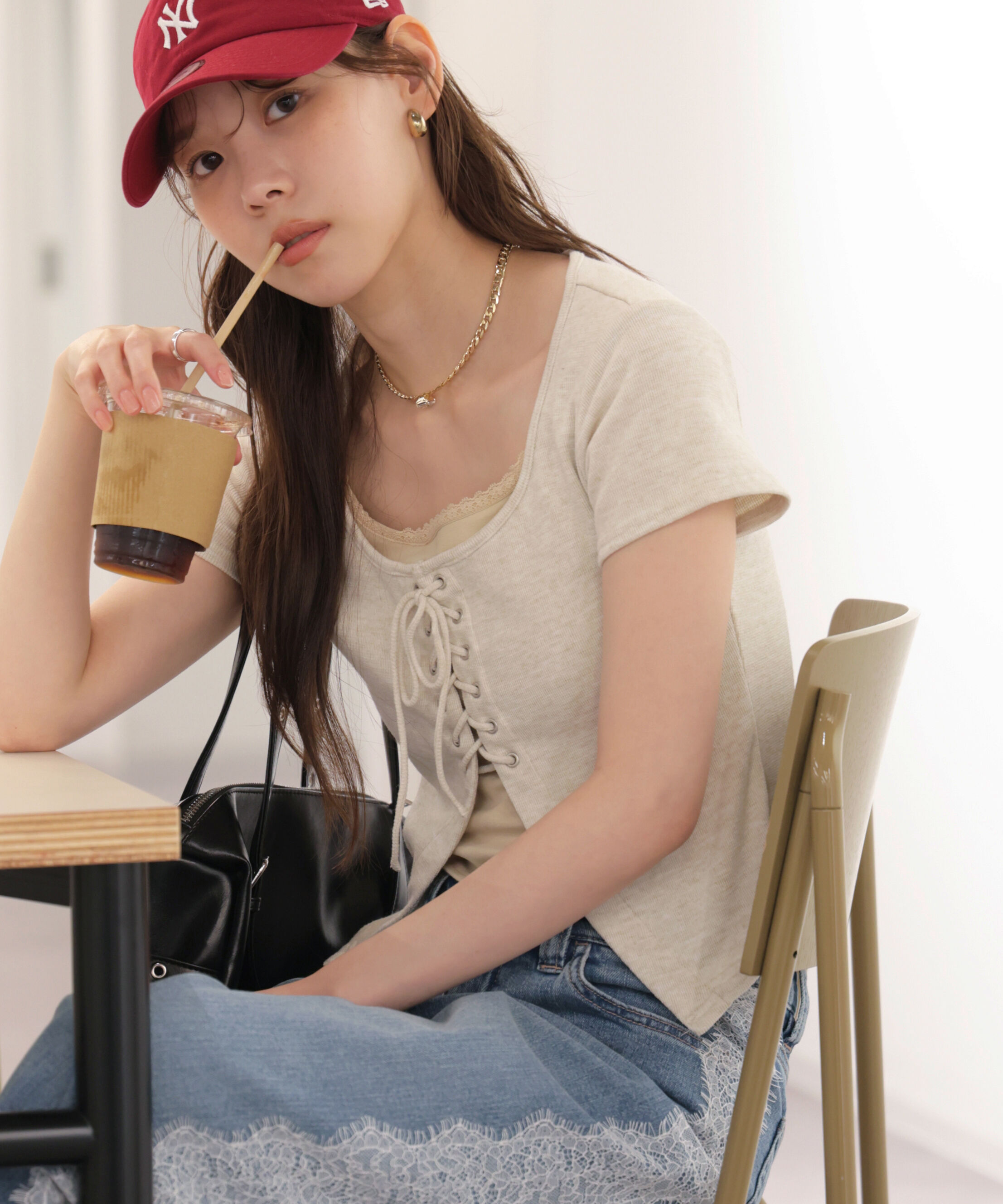 「レースアップレイヤードカットソー」|Tシャツ・カットソー|