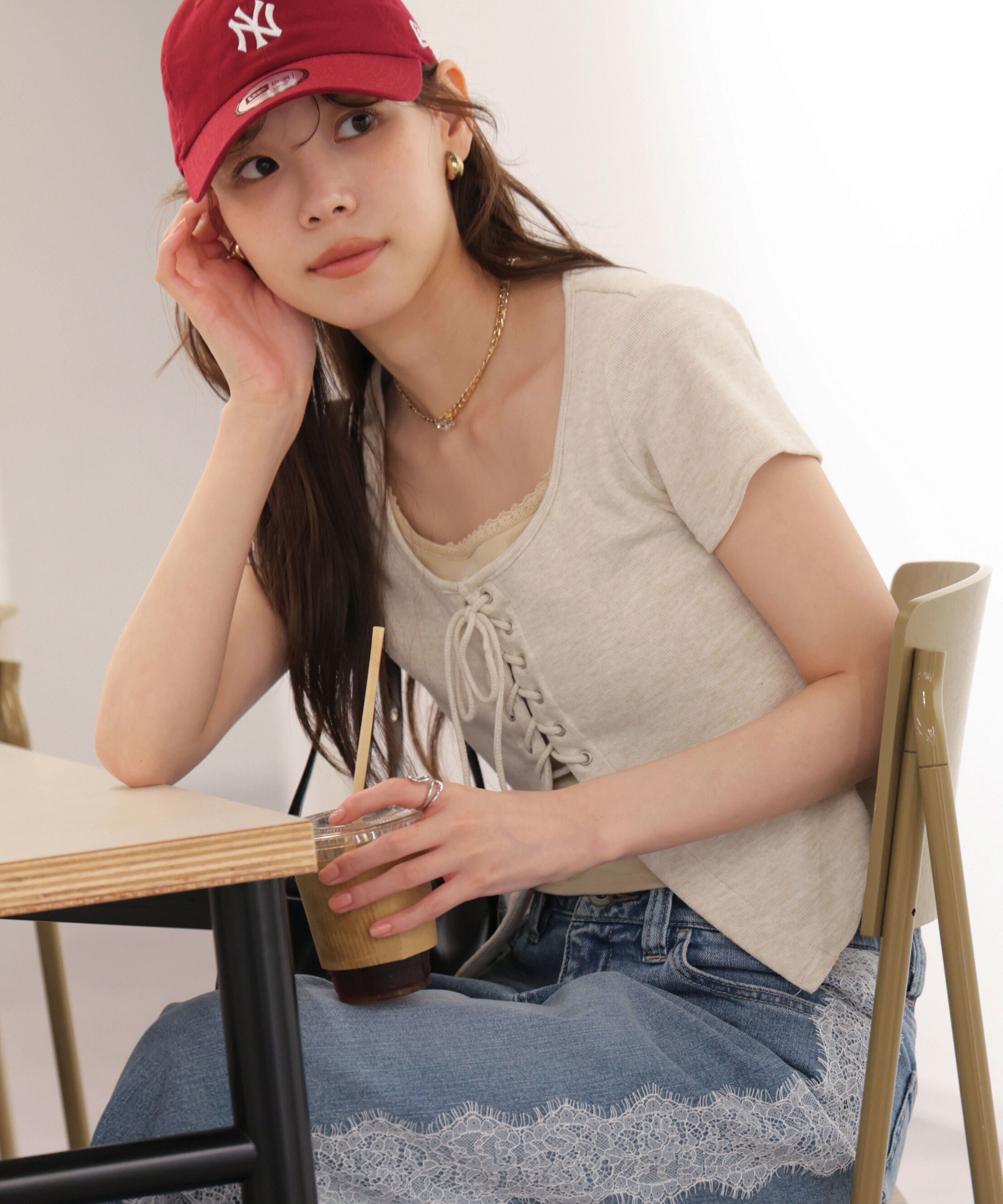  「レースアップレイヤードカットソー」|Tシャツ・カットソー|