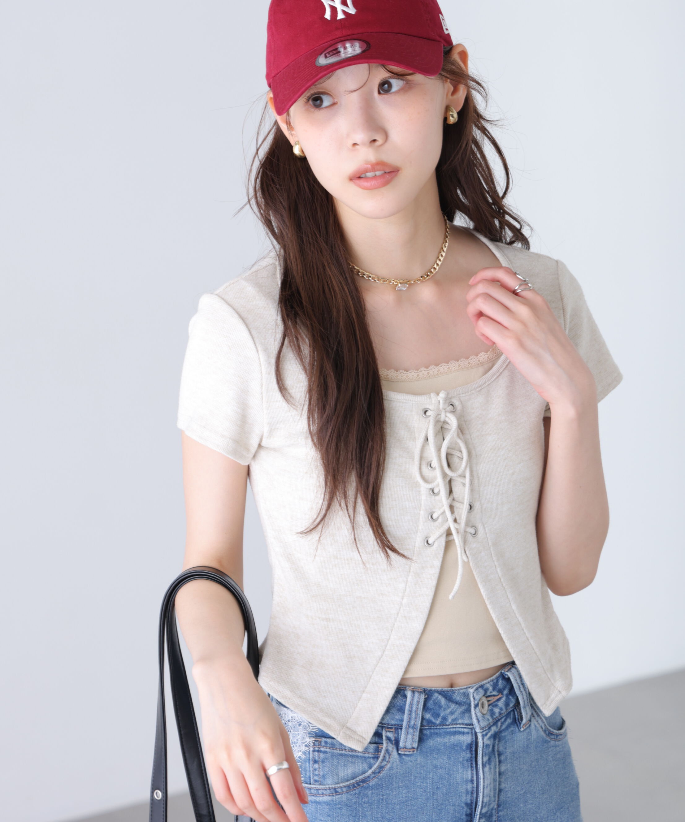  「レースアップレイヤードカットソー」|Tシャツ・カットソー|