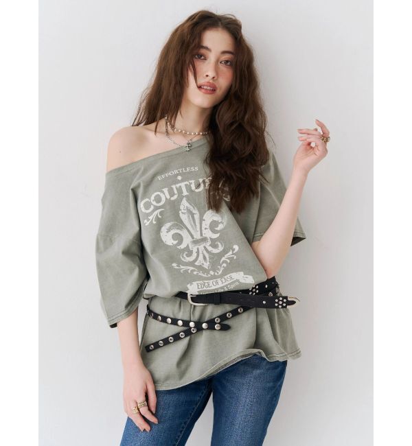 EVRIS「ワンショルグラフィックピグメントＴシャツ」|Tシャツ・カットソー|カーキ