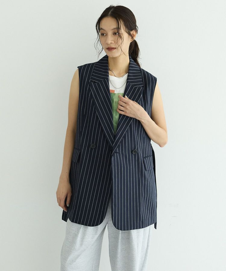 GARAGE OF GOOD CLOTHING「【日本製】リネンライクロングベスト」|ベスト・ジレ|Stripe Navy