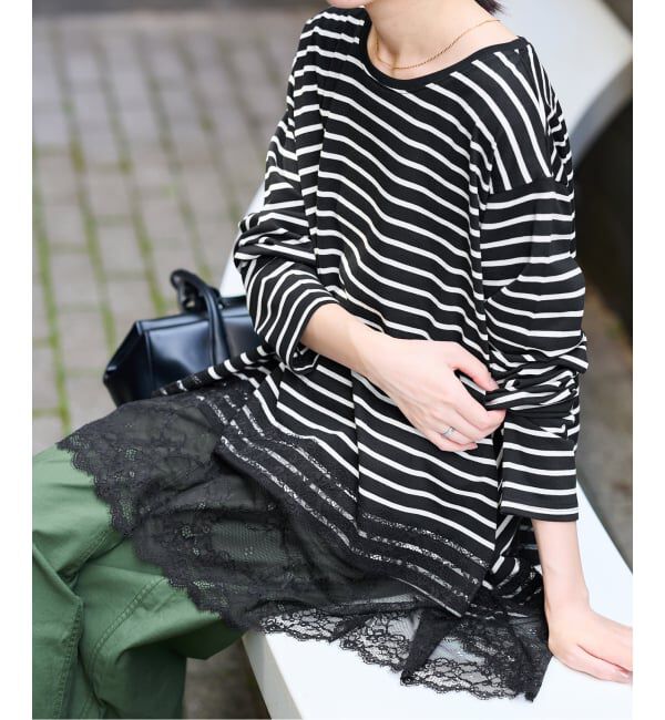 SLOBE IENA「《シリーズあり/予約》レースコンビボーダーカットソー」|Tシャツ・カットソー|