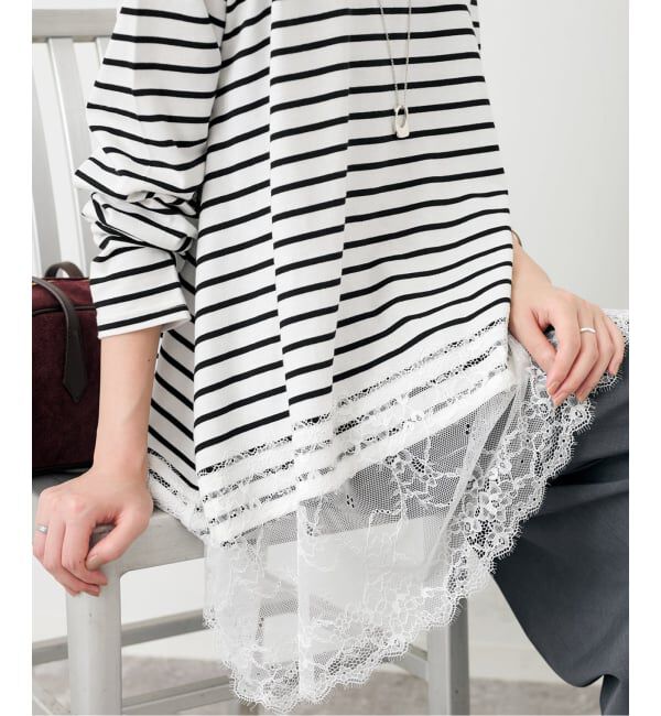 SLOBE IENA「《シリーズあり/予約》レースコンビボーダーカットソー」|Tシャツ・カットソー|ホワイト