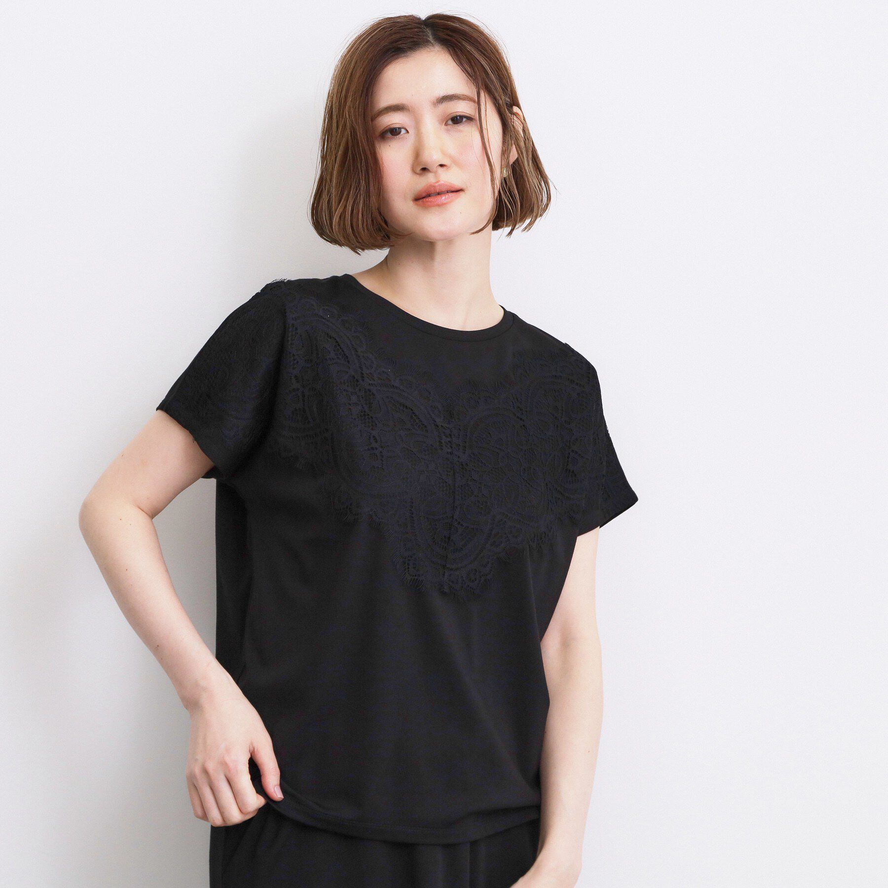 grove「【持続冷感】ひんやりポンチシリーズ／フロントレースドルマンカットソー」|Tシャツ・カットソー|ブラック(019)