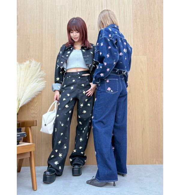EVRIS「Embroideryカットアウトワイドデニムパンツ【セットアップ着用可能】」|デニム|