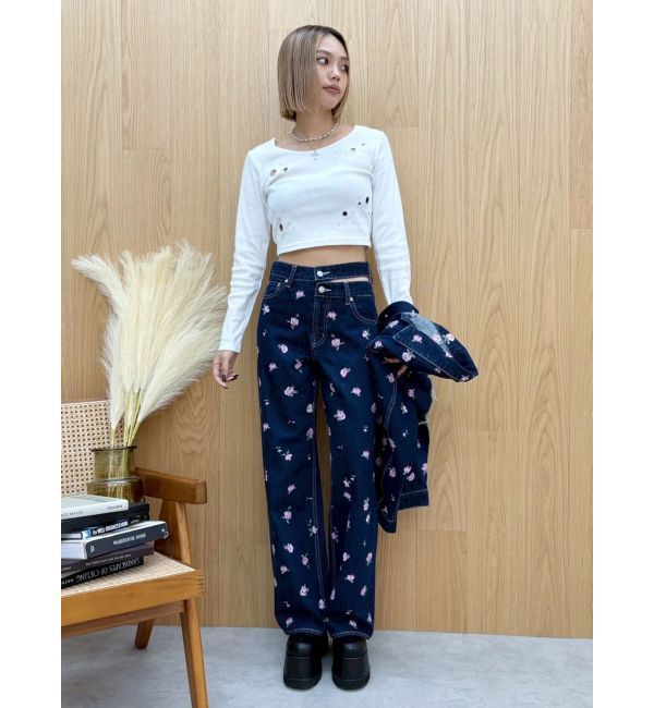 EVRIS「Embroideryカットアウトワイドデニムパンツ【セットアップ着用可能】」|デニム|