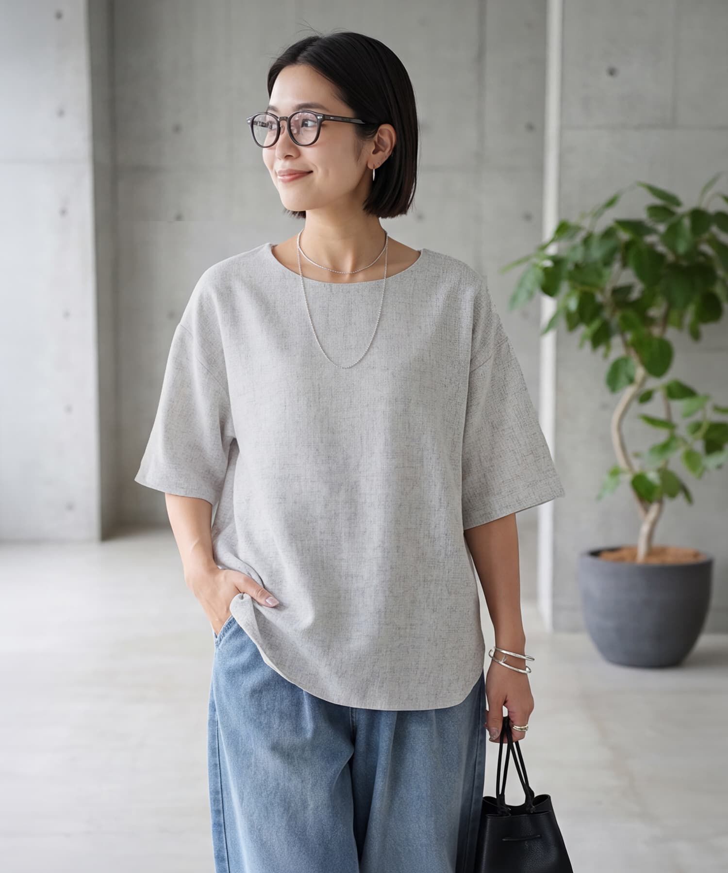 STYLE DELI「涼しい麻調５分袖プルオーバーブラウス」|シャツ・ブラウス|ホワイト