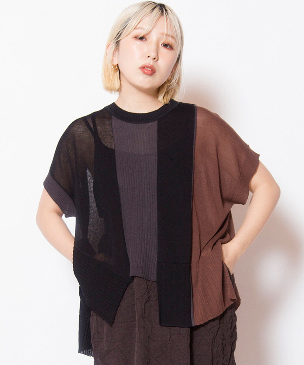  「配色アシンメトリーニットプルオーバー」|ニット・セーター|BLACK
