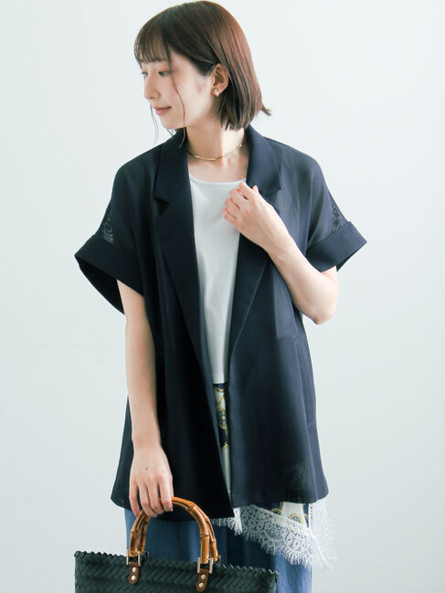 Te chichi「【イージーケア/マシンウォッシャブル】メッシュフレンチスリーブジャケット」|その他|ネイビー