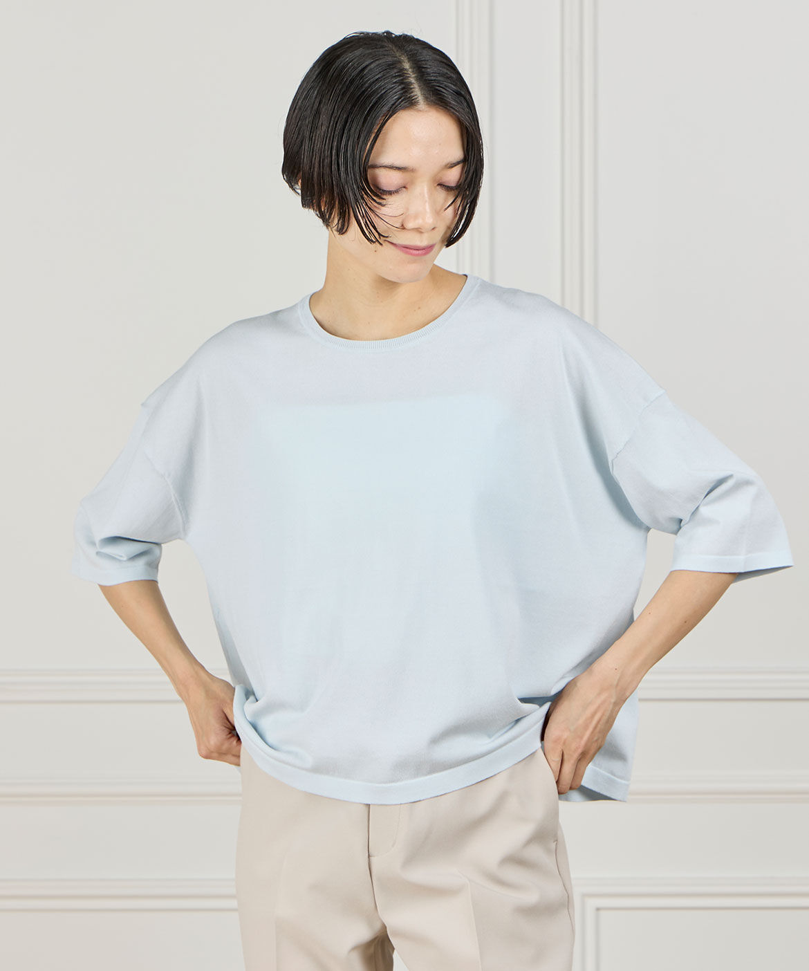 INED「《大きいサイズ》Tシャツ風サマーニット」|ニット・セーター|サックス3