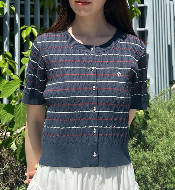 archives「ボーダーアソートハーフスリーブケーブルニットカーディガン」|カーディガン|NAVY/RED