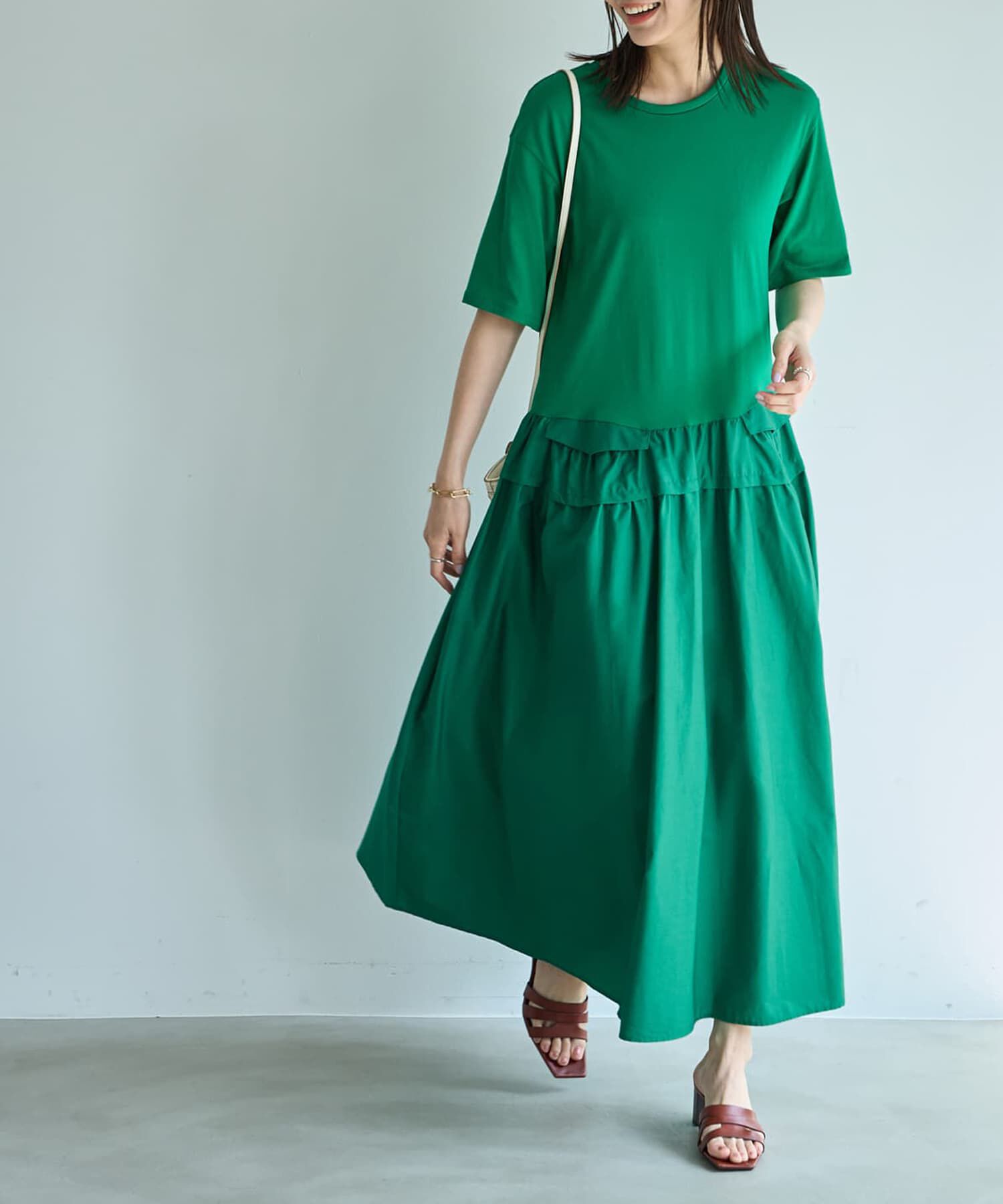 STYLE DELI「【Made in JAPAN】生地コンビボリュームスカート半袖ワンピース」|ワンピース|