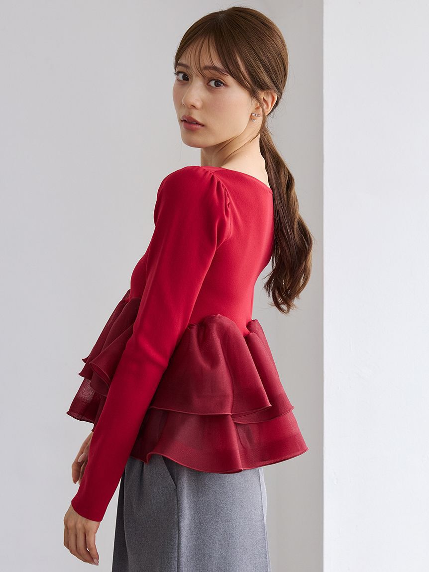 CELFORD「ラッフルペプラムニットプルオーバー」|ニット・セーター|RED