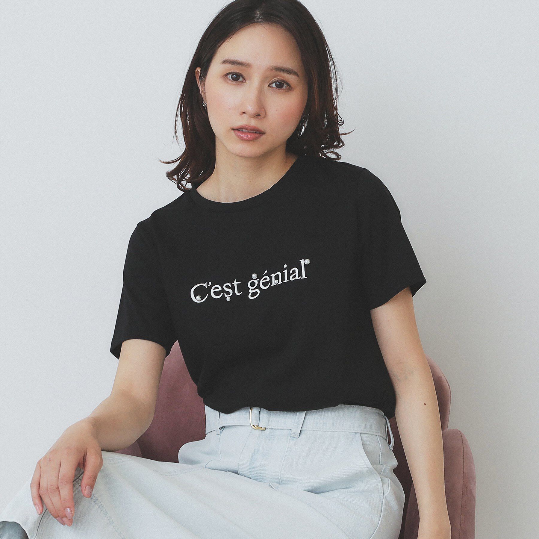 index「パール調刺繍ロゴTシャツ【汗ジミ防止／吸水速乾／接触冷感／UVケア／洗濯機洗い可】」|Tシャツ・カットソー|ブラック(019)
