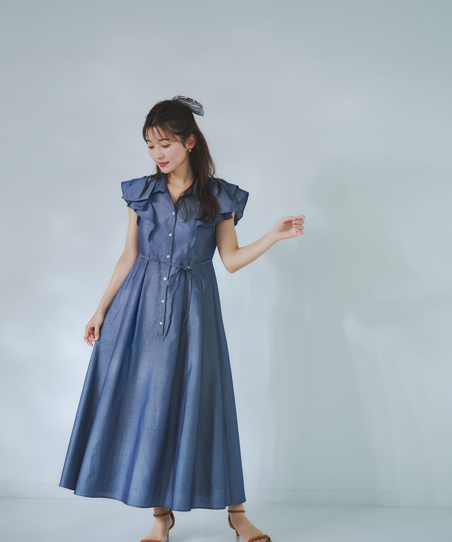 「〈山本里菜さんコラボ〉リボンラッフルシャツワンピース」|ワンピース|ネイビー