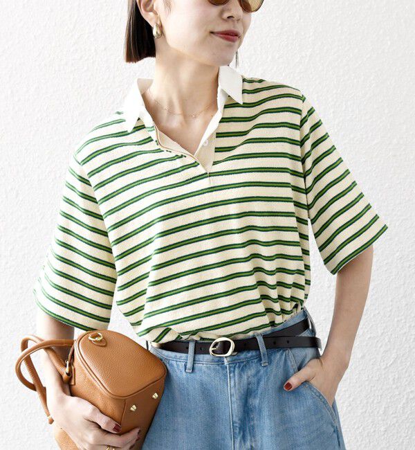 SHIPS any「SHIPS any:〈洗濯機可能〉パイル ボーダー ラガーTEE」|Tシャツ・カットソー|グリーン
