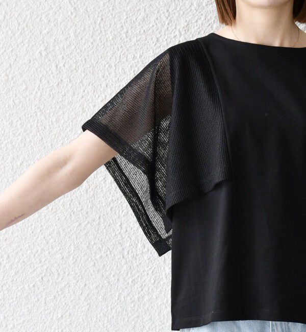 SHIPS any「《一部追加予約》SHIPS any:〈手洗い可能〉メッシュ シアー ハンカチ スリーブ ドッキング TEE」|Tシャツ・カットソー|