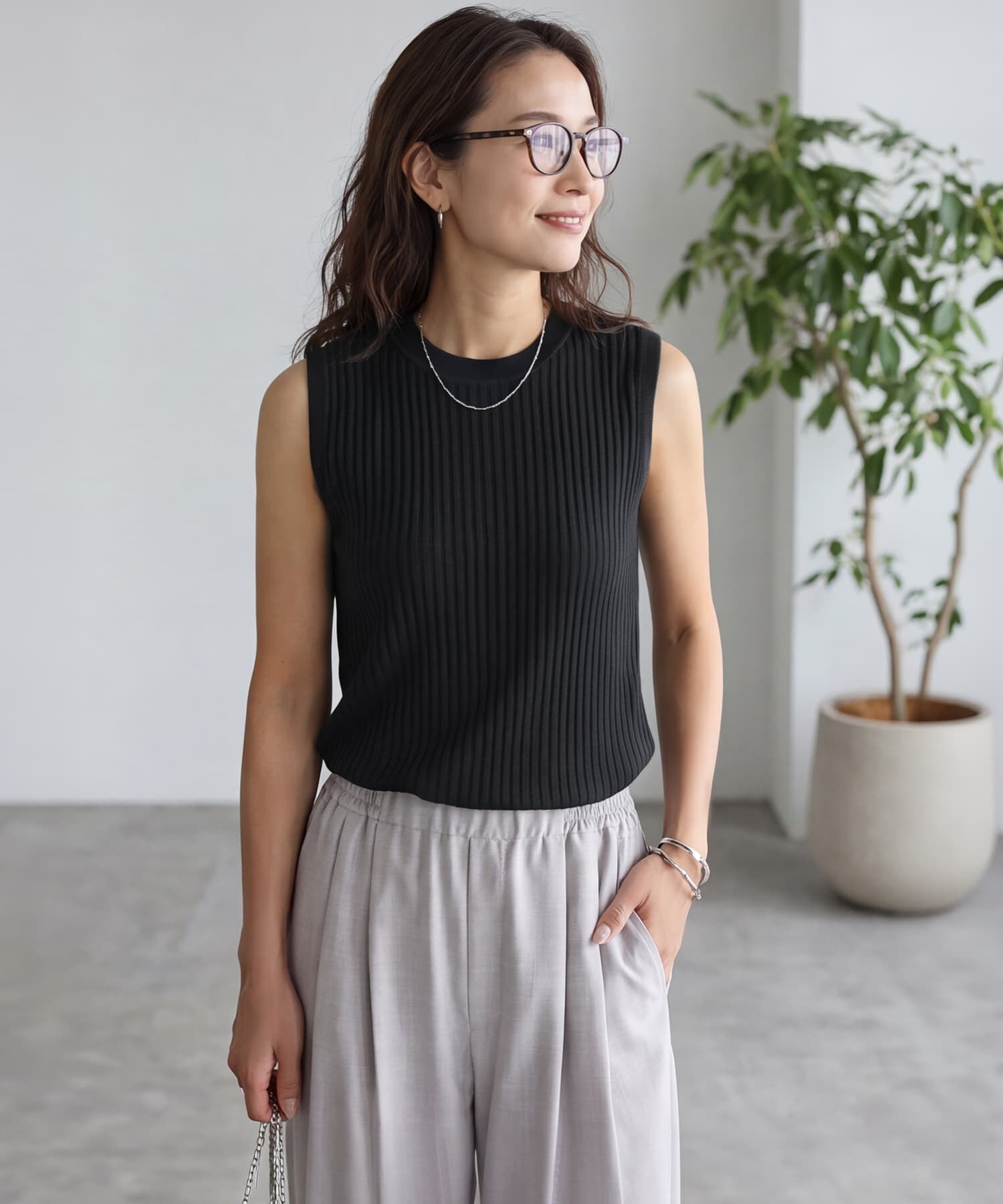 STYLE DELI「超涼感シャラシャラ落ち感ヴィスコースニットトップス」|タンクトップ|ブラック
