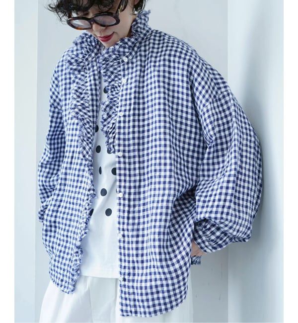 journal standard luxe「Tabbyリネン フリルブラウス」|シャツ・ブラウス|ネイビー
