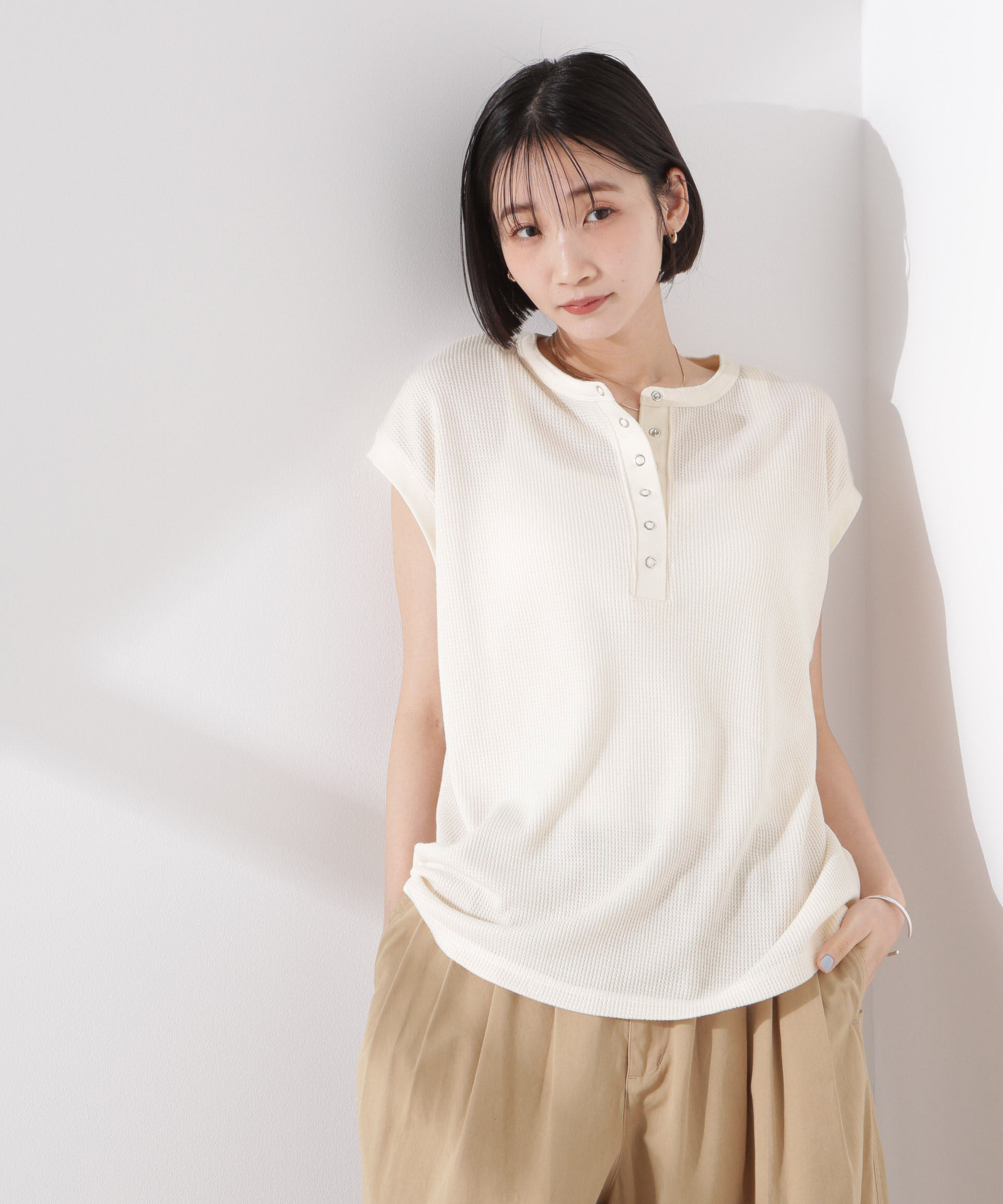 NANO universe「ワッフルヘンリーノースリーブトップス」|Tシャツ・カットソー|