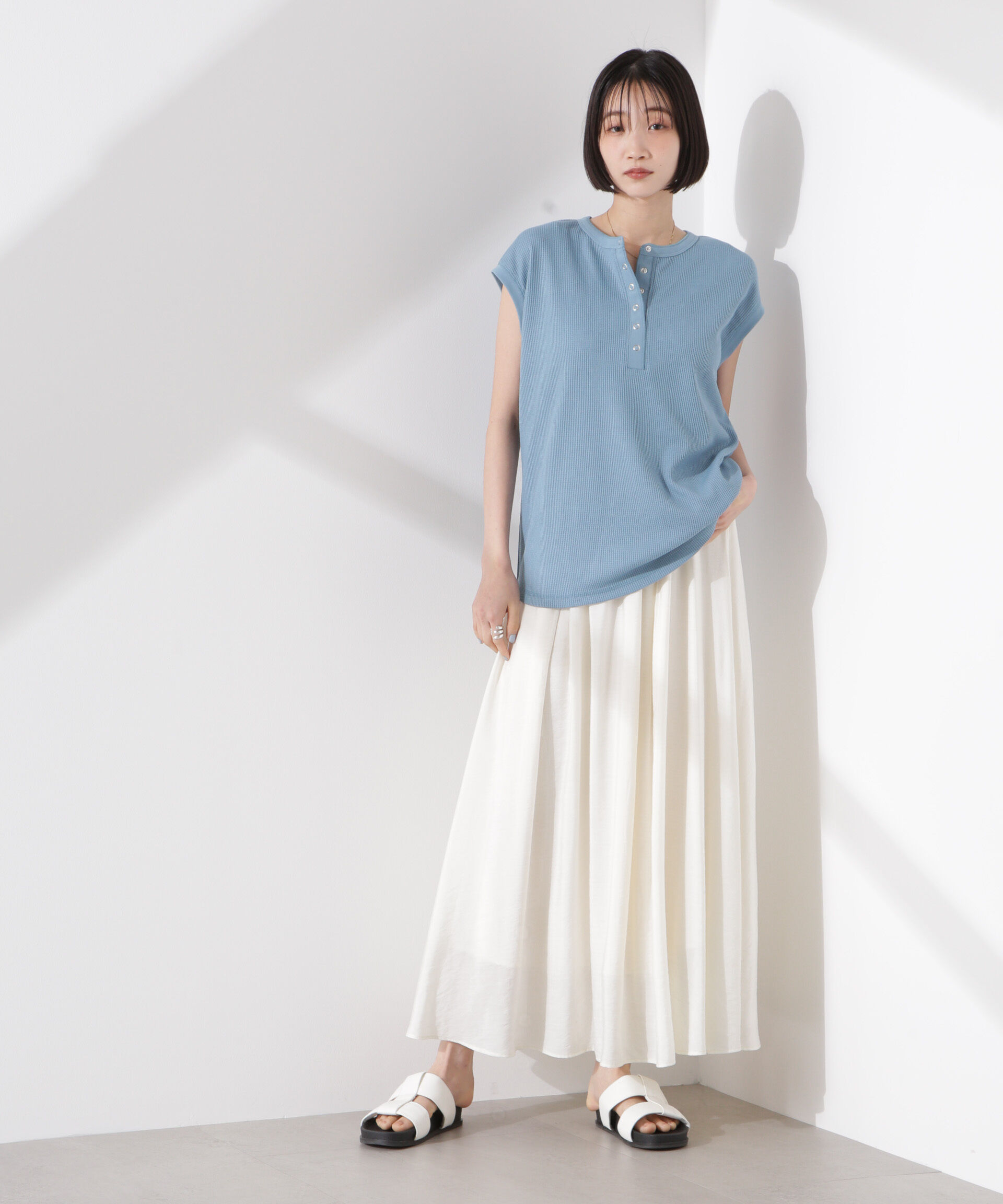 NANO universe「ワッフルヘンリーノースリーブトップス」|Tシャツ・カットソー|