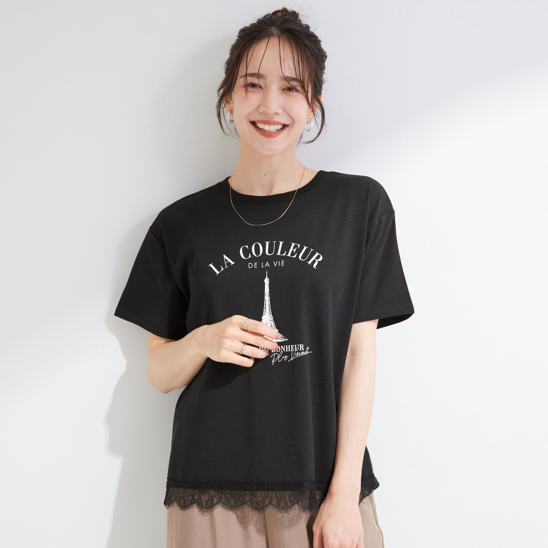 SHOO･LA･RUE「【ひんやり/UV/S-LL/洗濯機可】裾レースが女性らしさをプラスする プリントアソートTシャツ」|Tシャツ・カットソー|