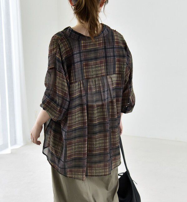 quaranciel「《予約》quaranciel:〈洗濯機可能〉シアー チェック ギャザー プルオーバー シャツ」|シャツ・ブラウス|