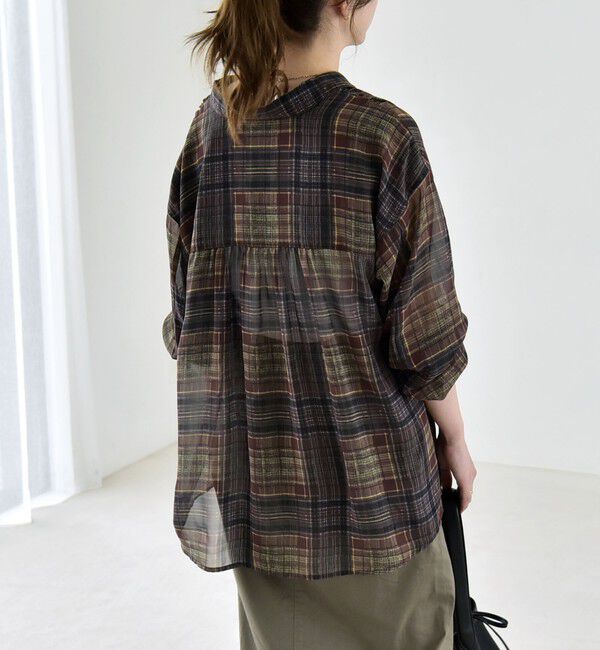 quaranciel「《予約》quaranciel:〈洗濯機可能〉シアー チェック ギャザー プルオーバー シャツ」|シャツ・ブラウス|