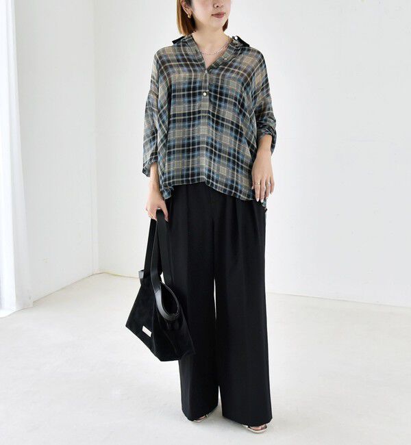 quaranciel「《予約》quaranciel:〈洗濯機可能〉シアー チェック ギャザー プルオーバー シャツ」|シャツ・ブラウス|