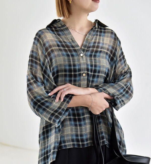 quaranciel「《予約》quaranciel:〈洗濯機可能〉シアー チェック ギャザー プルオーバー シャツ」|シャツ・ブラウス|