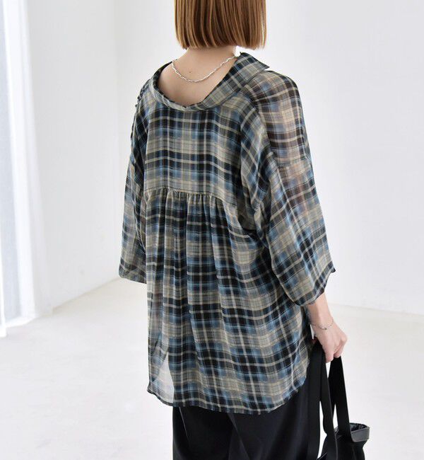 quaranciel「《予約》quaranciel:〈洗濯機可能〉シアー チェック ギャザー プルオーバー シャツ」|シャツ・ブラウス|