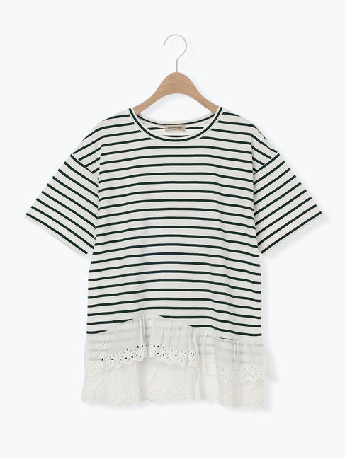 Samansa Mos2「【接触冷感】裾レースボーダーTシャツ」|Tシャツ・カットソー|グリーン